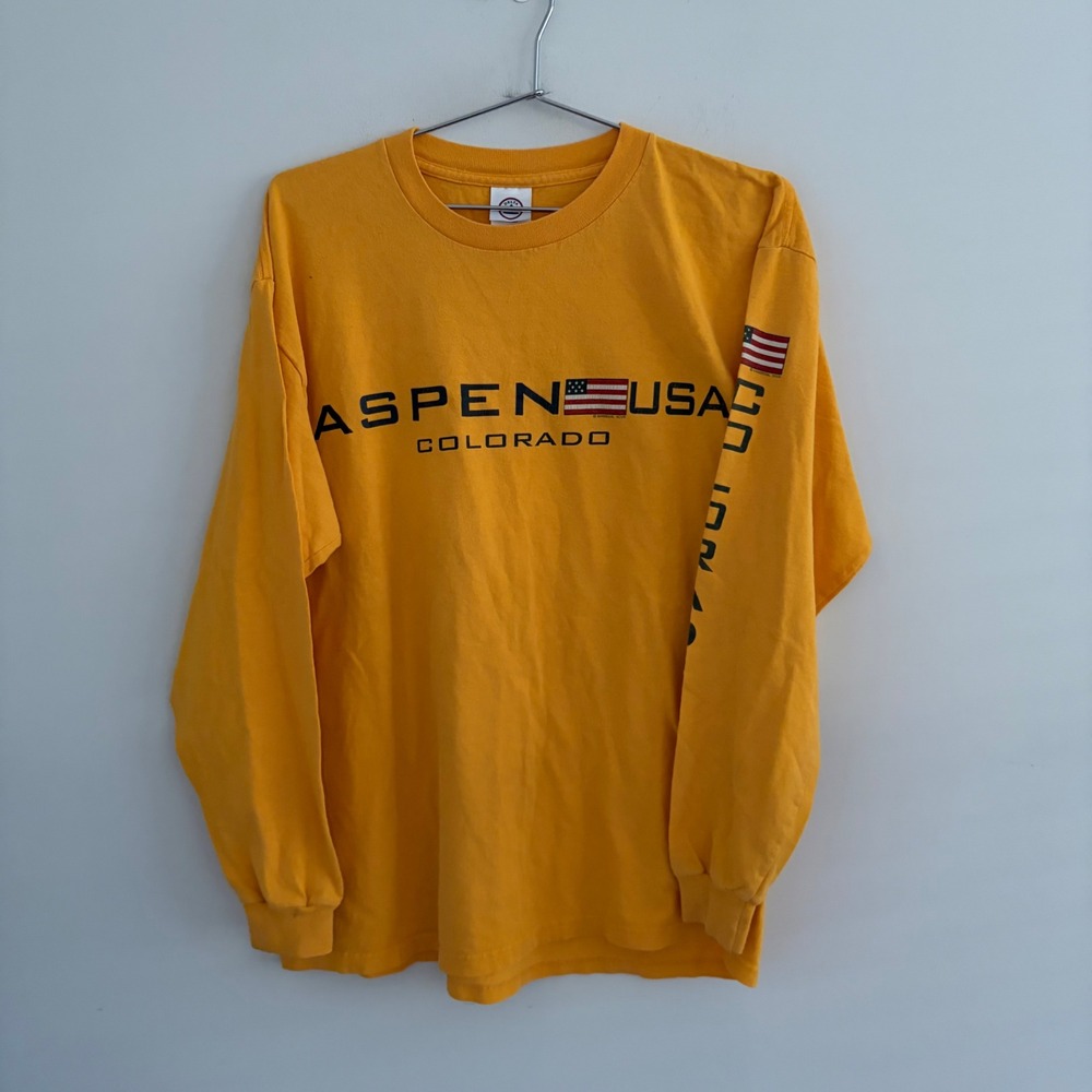 Vintage Delta Pro Weight Aspen USA Colorado Long Sleeve T-Shirt Yellow Large
